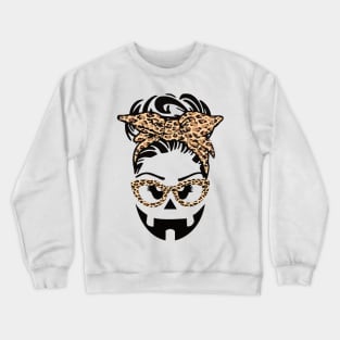 Jack O Lantern Face pumpkin messy bun Halloween leopard funny Crewneck Sweatshirt